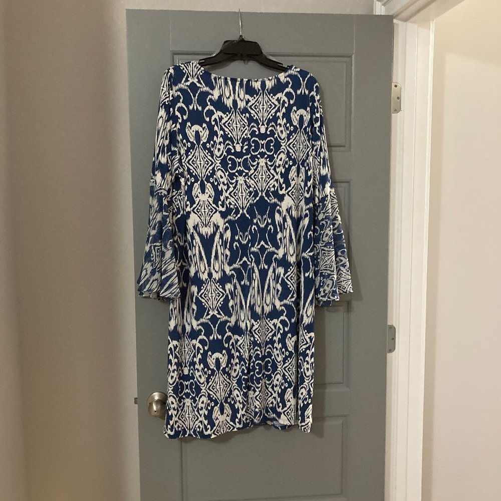 MSK Women 2X Denim & Ivory w/ IKAT Patterned Dress (NWT)